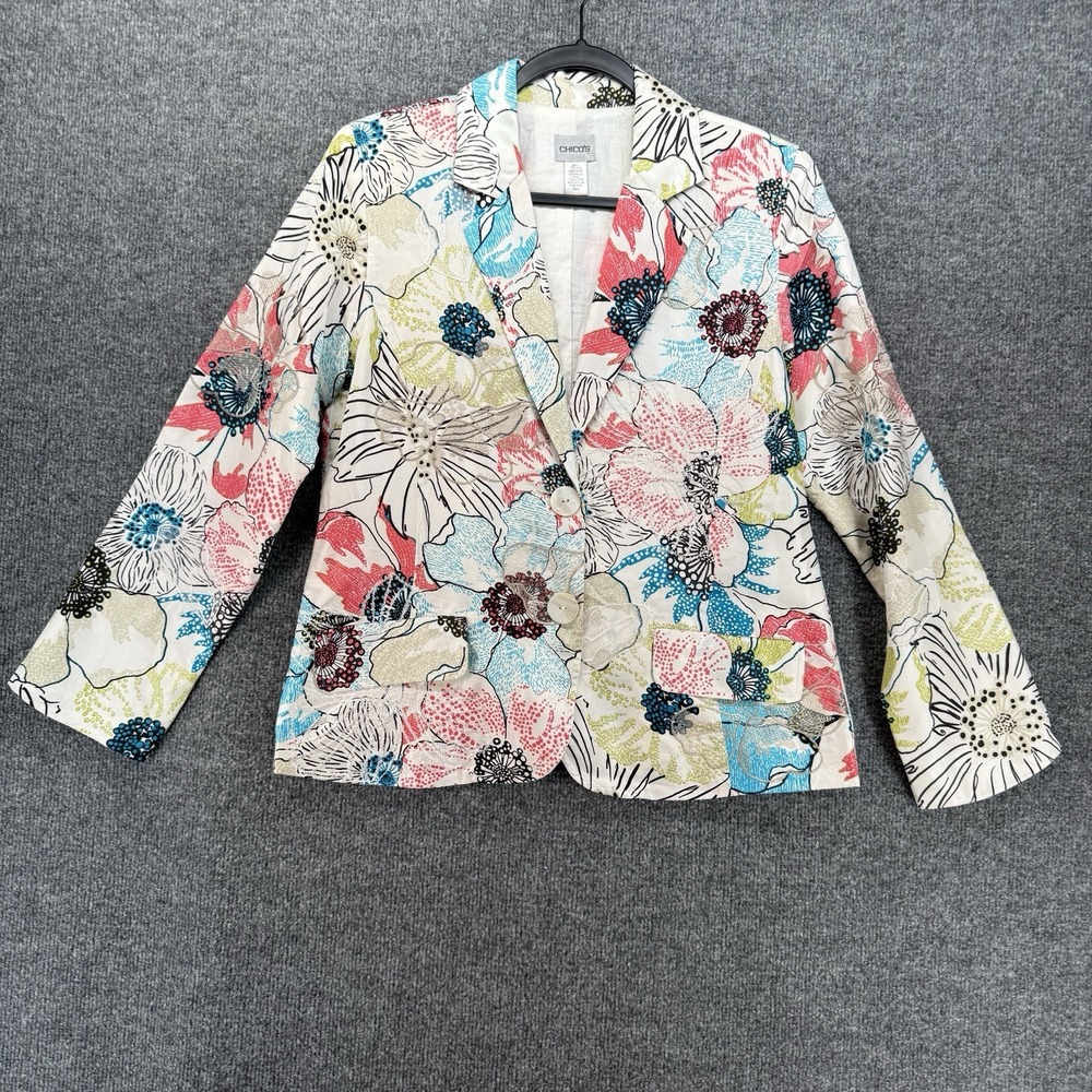 Chicos Blazer Jacket 1 Size M Colorful Floral 100% Silk Button Up Artsy Cocktail